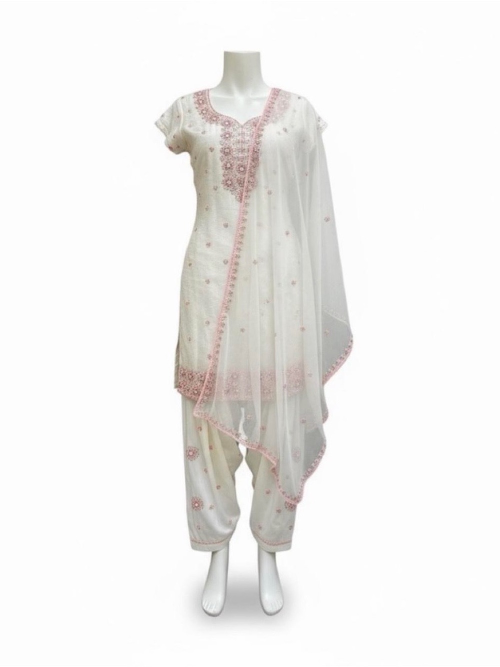 White & Pink Embroidered Salwar Set with Sheer Dupatta